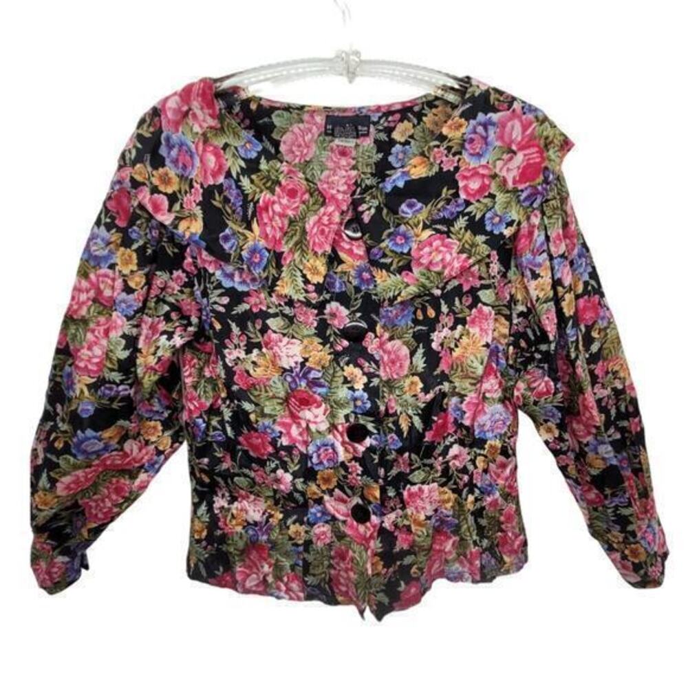 Hunters Run Floral Notch Bertha‎ Collar Long Sleeve Vintage Button Up Blouse